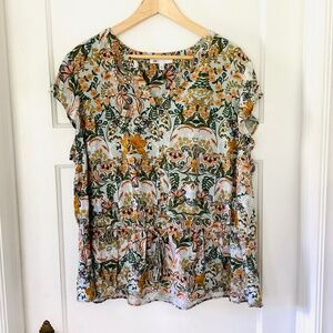 DR2 Boho Floral V-neck Top Blouse Woman’s Plus Size 2X Cap Sleeve Peplum Rayon